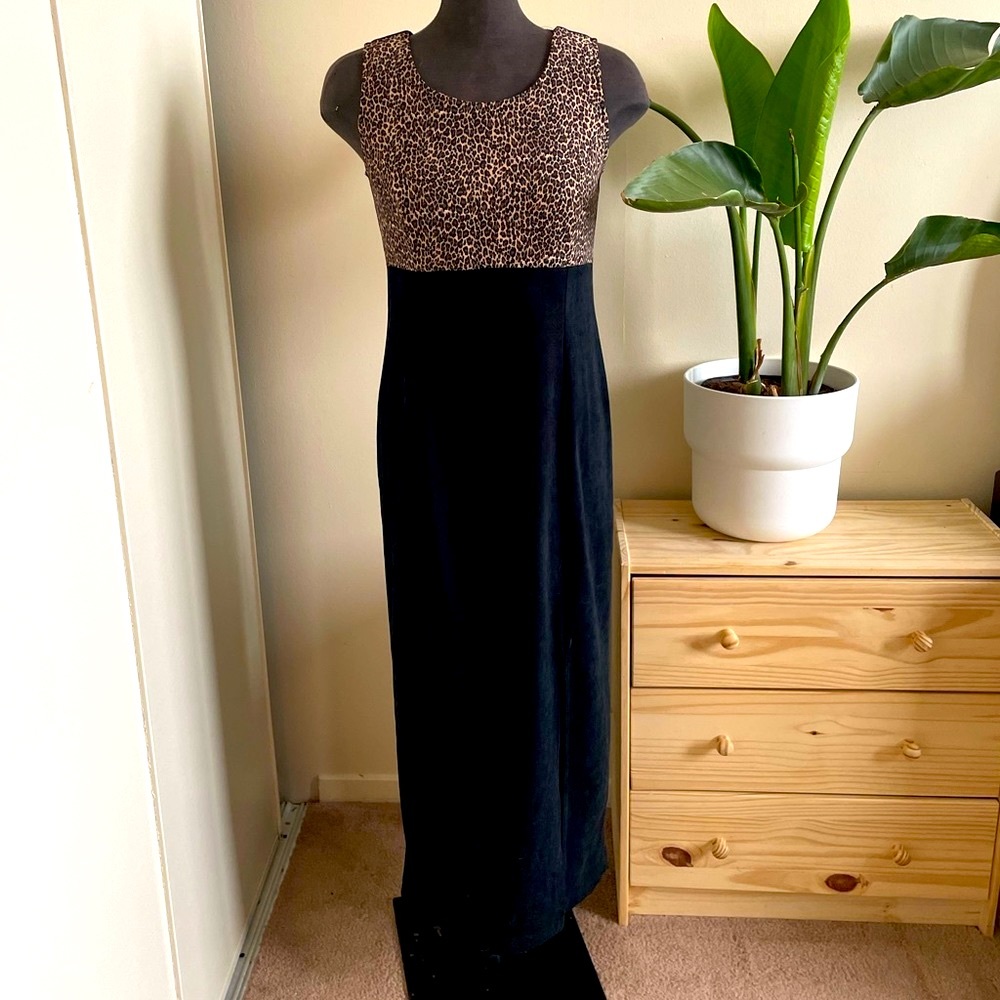 Vintage reitman’s leopard black faux suede/suedette maxi dress size 6-8 slit